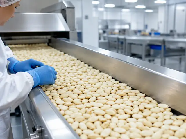 Ligne de tri d'amandes émondées dans une usine de transformation bio
