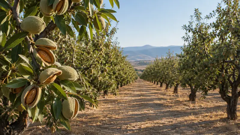 Verger d'amandiers biologiques en Espagne à la fin de l'été